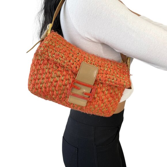 Fendi Handbags - FENDI Vintage FF Mamma Baguette Wool Knit Shoulder Bag Glitter Orange [106267]